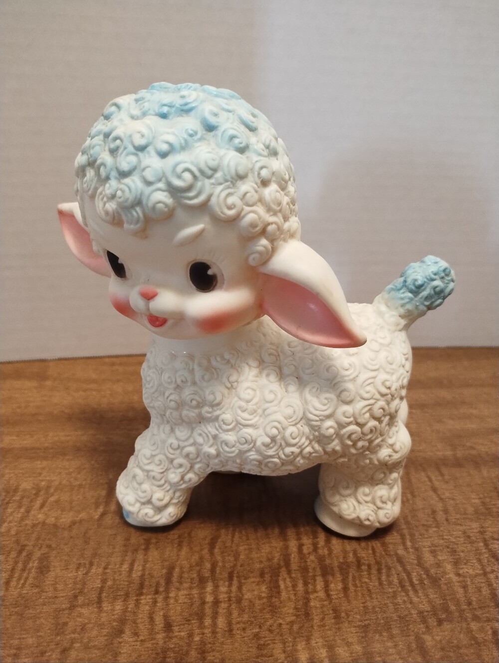 Vintage Lamb Squeak Toy in White with Pastel Blue Accents